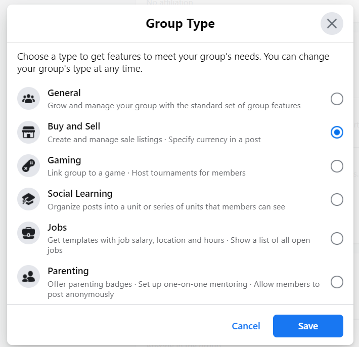 Buy and Sell Facebook Group Type