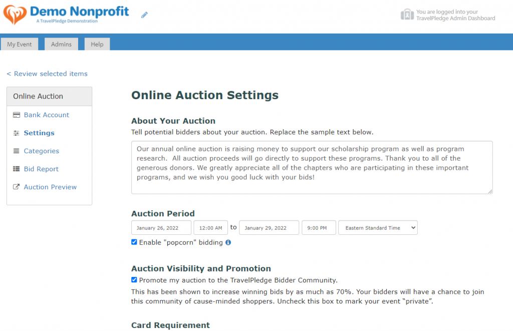 TravelPledge Auction Settings Screen